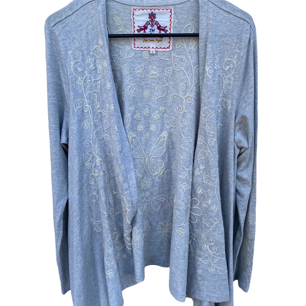 Johnny Was Cotton Grey Embroidered Cardigan
